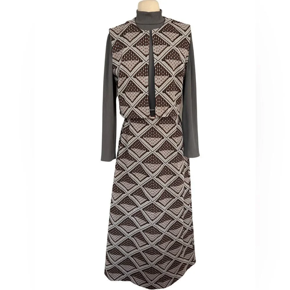 Swoonworthy Vintage 70s Boho Hippie 3 Piece Belted Vest Maxi Dress Set